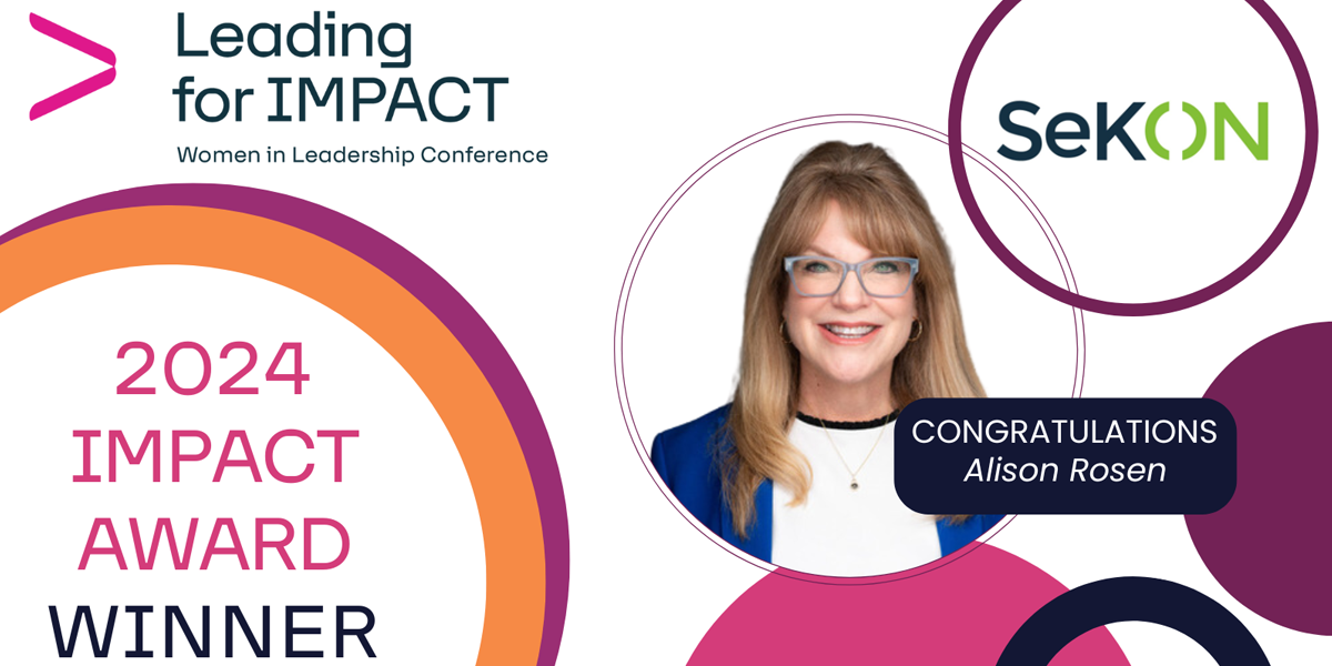 Image text reads: "Leading for IMPACT, 2024 IMPACT Award Winner, Congratulations Allison Rosen" Includes the SeKON logo and a headshot of Allison Rosen.