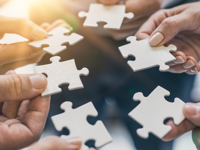 The hands of six individuals holding blank jigsaw puzzle pieces.