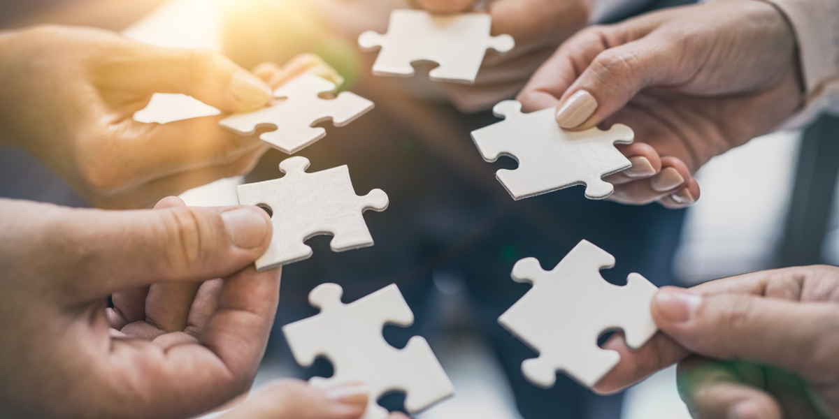 The hands of six individuals holding blank jigsaw puzzle pieces.